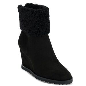 7 Black Faux Shearling Ankle Boot Wedge Heel Pointed Toe Zip Bootie Suede Powell